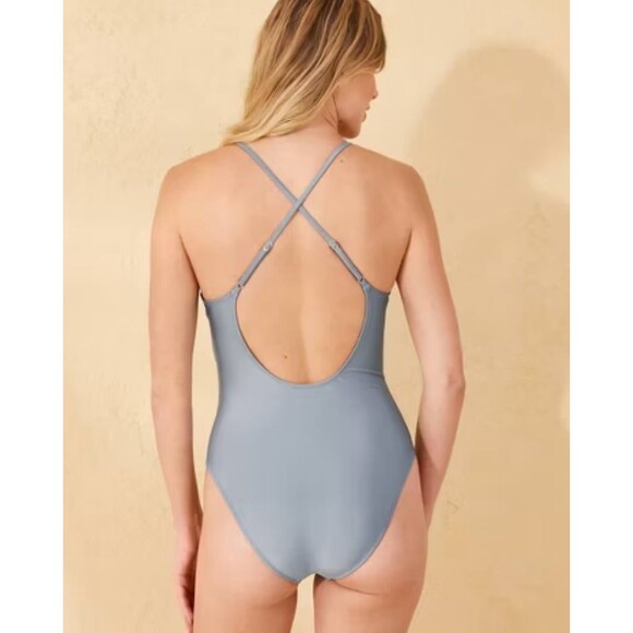NWT Shade & Shore Metallic Blue plunge High Leg Cheeky One Piece Swimsuit - Picture 2 of 3